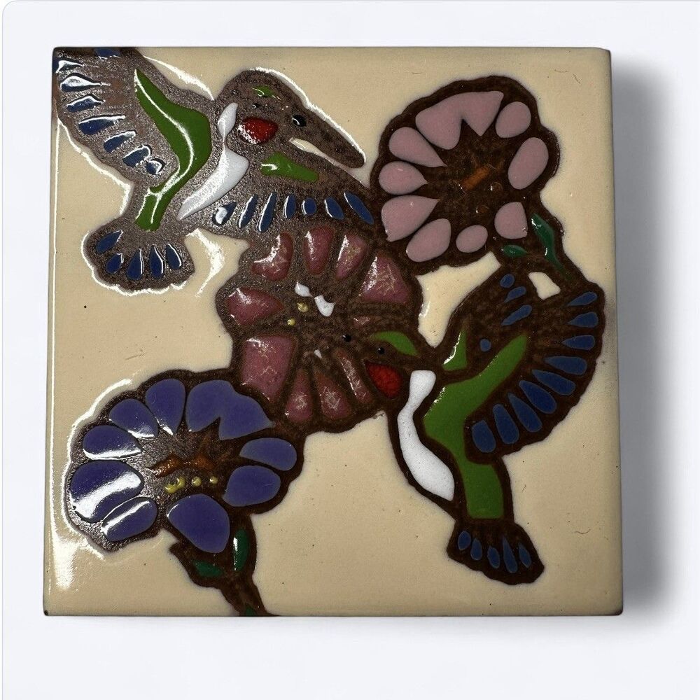 Earthtones Hummingbird Ceramic Art Tile Tuscon Arizona Vintage Decor Coaster 4x4